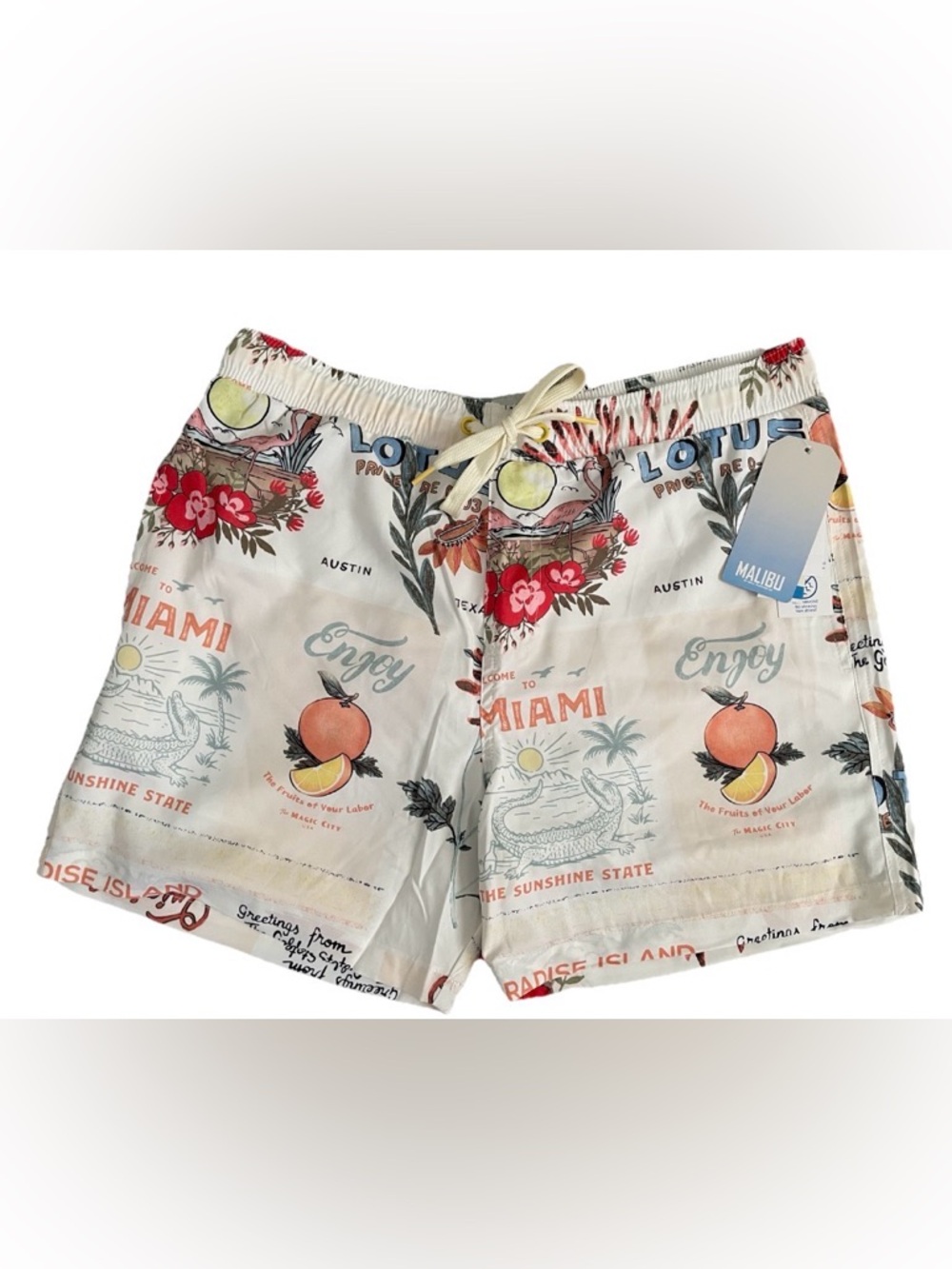 NWT Retro MIAMI Print SWIM TRUNKS Size Large by MALIBU Swimwear